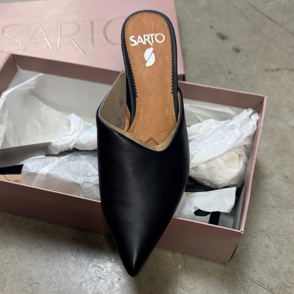 SARTO By Franco Sarto Black Pointed Leather Mule Heels - Picture 2 of 6